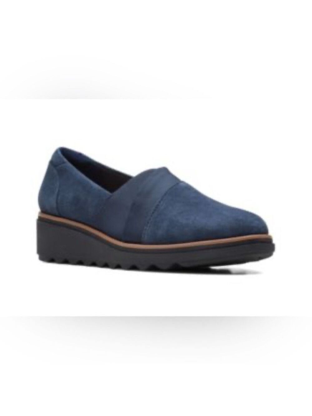 Clarks Sharon Pump Blue Suede Slip-On Round Toe Wedge Heel Loafers - Size 7
